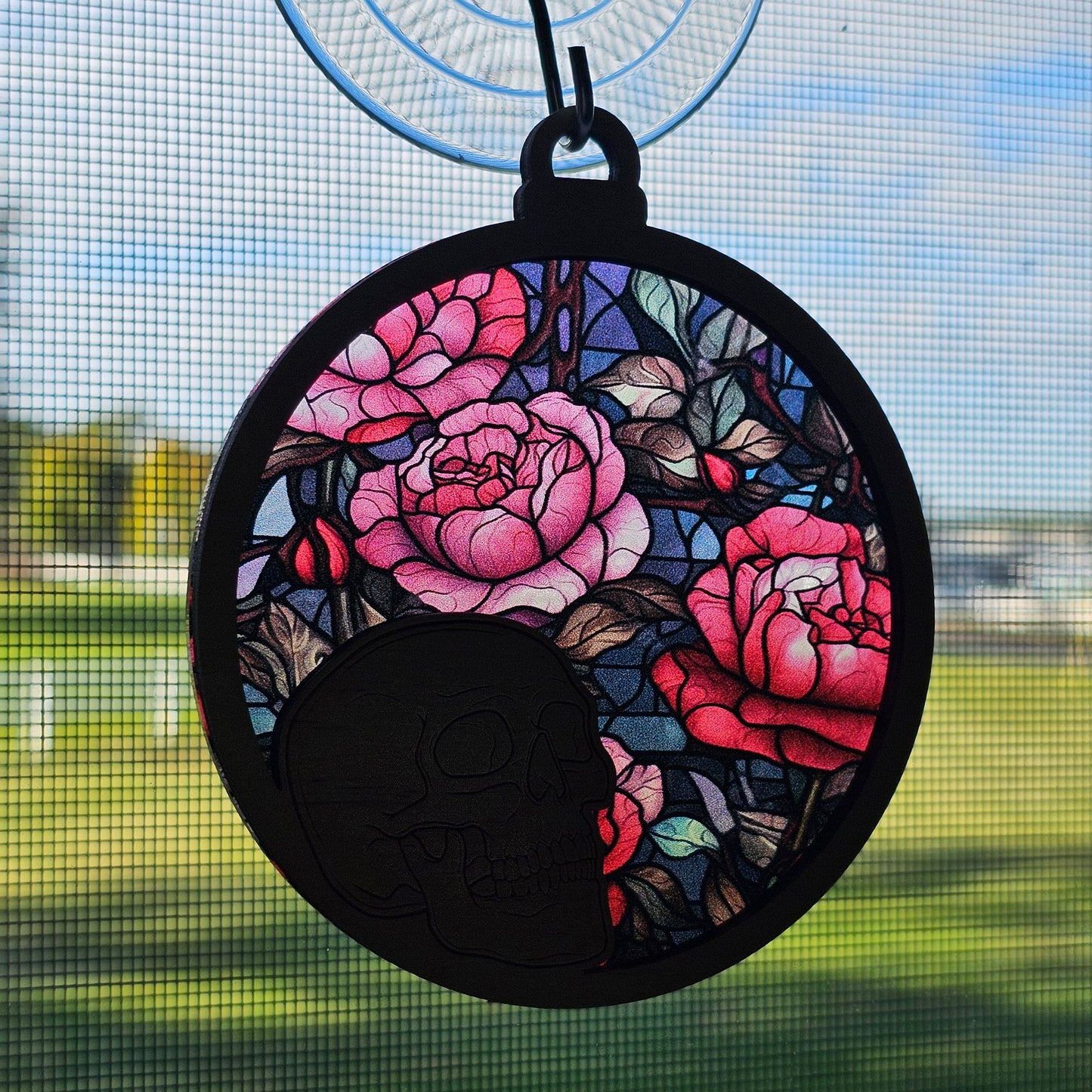 Skull Suncatcher Ornament - Translucent Stained Glass Roses