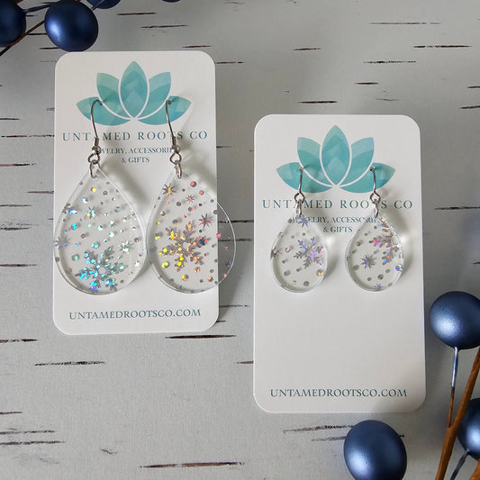 Clear Iridescent Snowflake Earrings