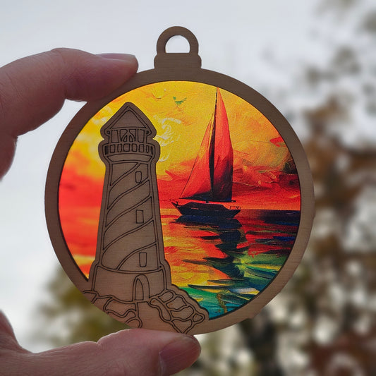 Lighthouse- Sailboat (Orange Sunset)