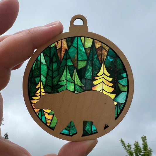Bear Suncatcher Ornament - Translucent Green Trees