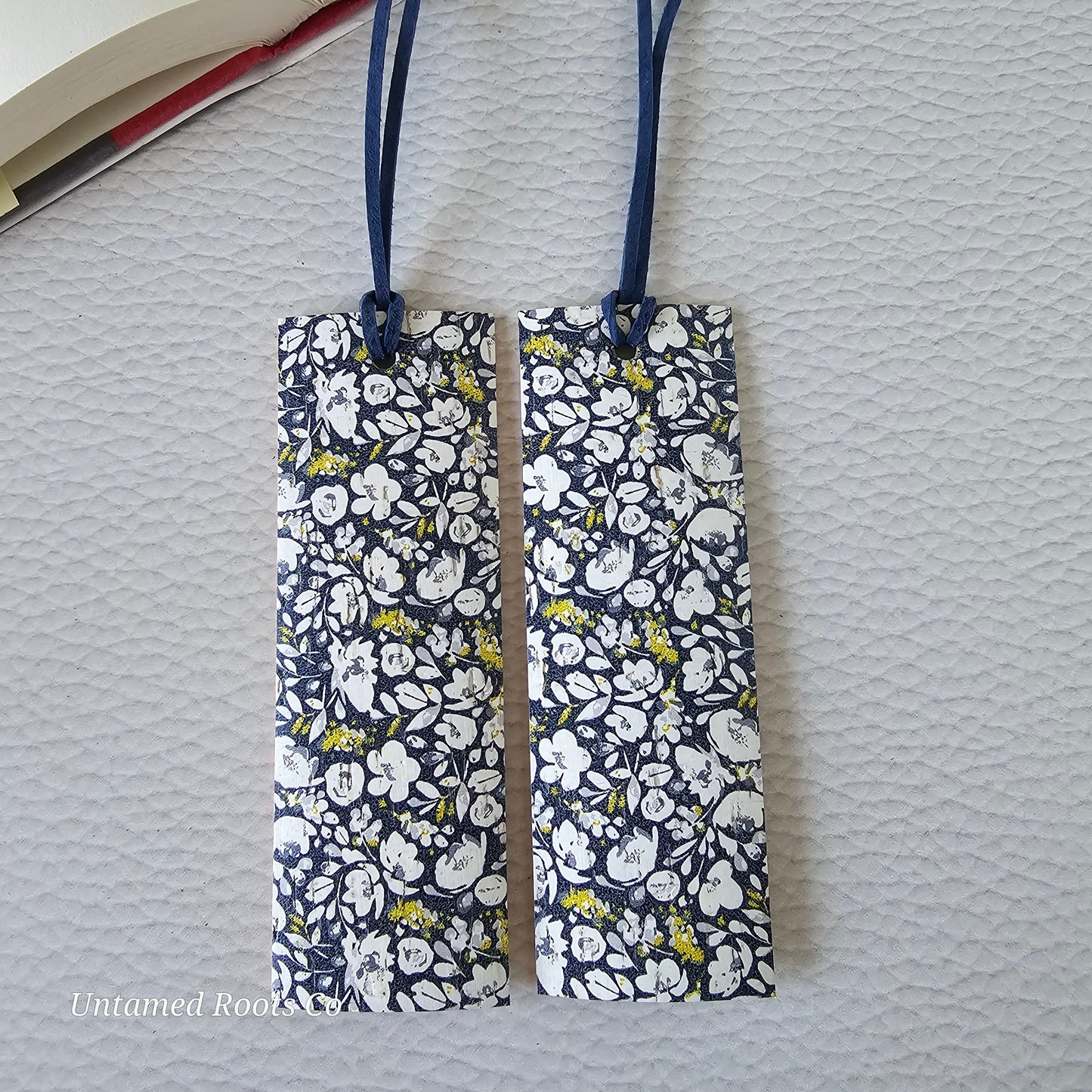 Navy Floral Leather Bookmark