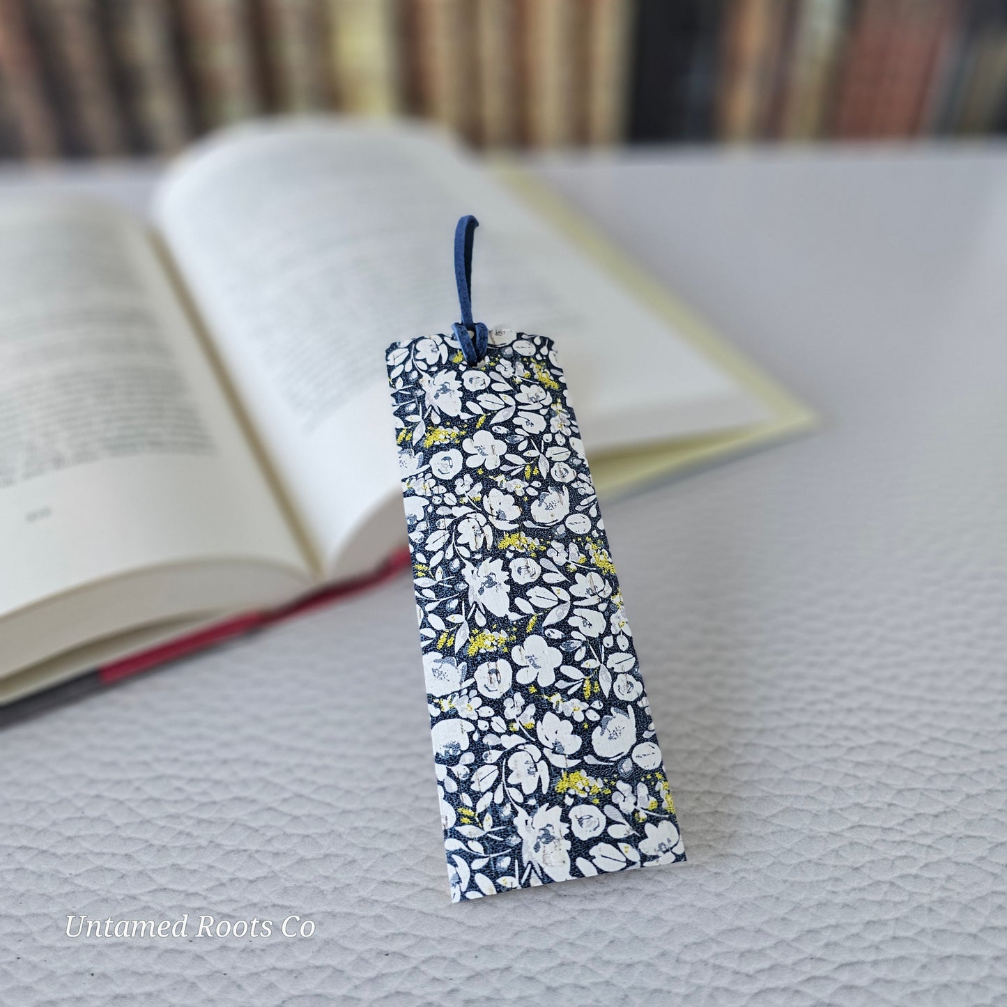 Navy Floral Leather Bookmark