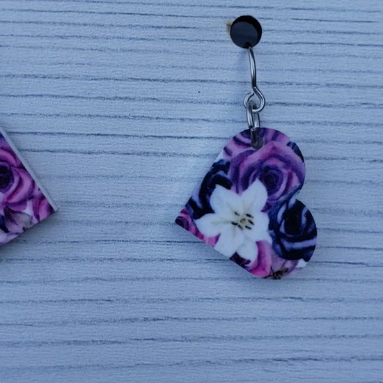 Small Purple Gothic Floral Heart Earrings