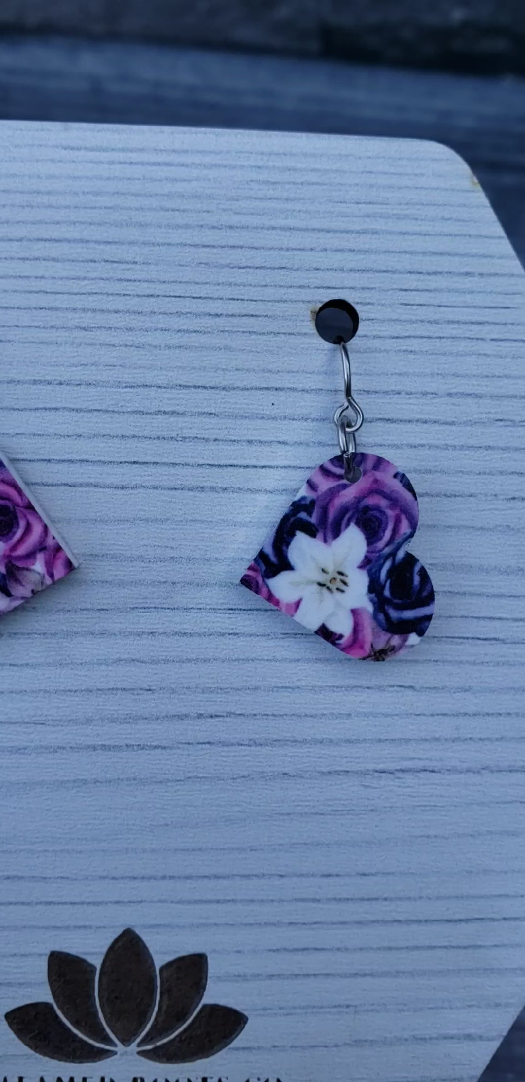 Small Purple Gothic Floral Heart Earrings