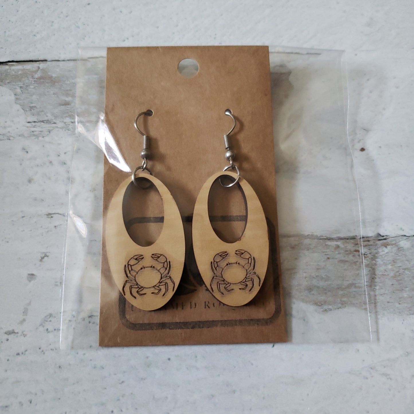 Wooden Engraved Crab Earrings