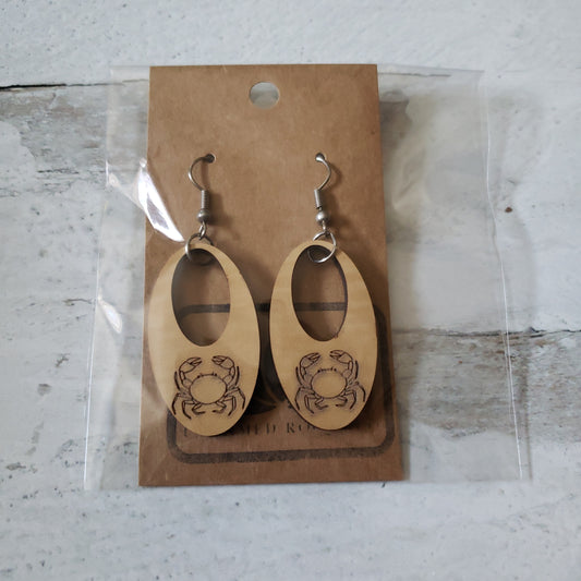 Wooden Engraved Crab Earrings