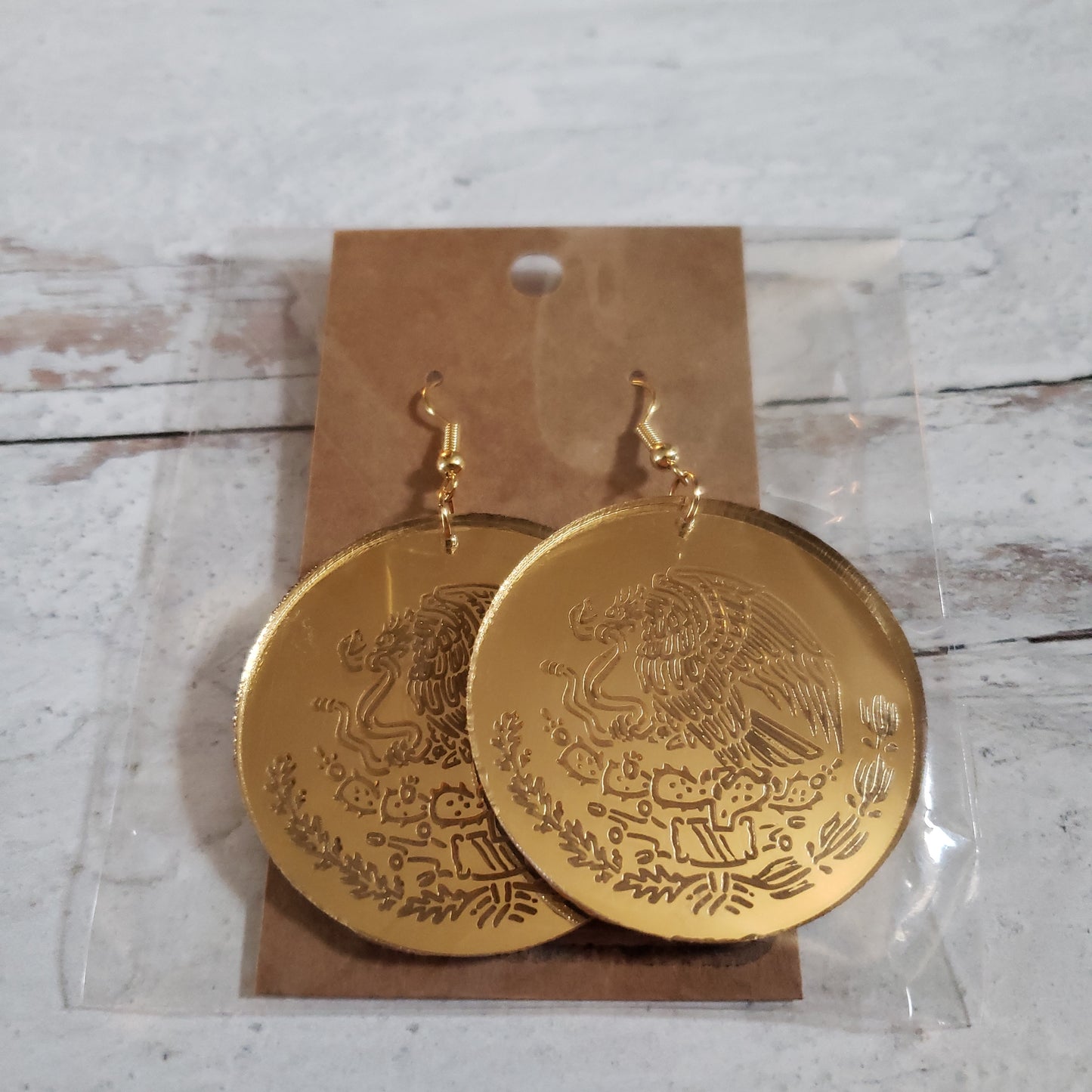 Yellow Gold Mirror Engraved Mexico Emblem Earrings (please read description)