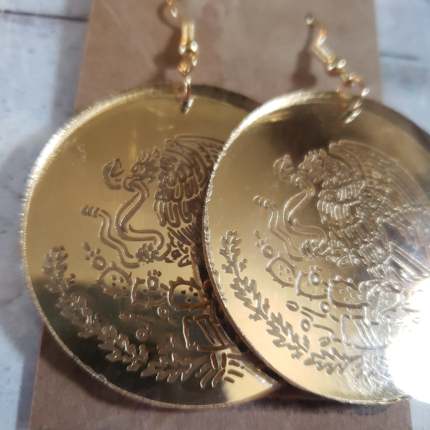 Yellow Gold Mirror Engraved Mexico Emblem Earrings (please read description)