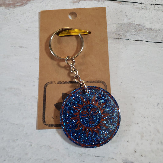 Blue Glitter Bronze Fill Engraved Sun Keychain