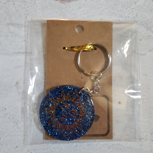 Blue Glitter Gold Fill Engraved Sun Keychain