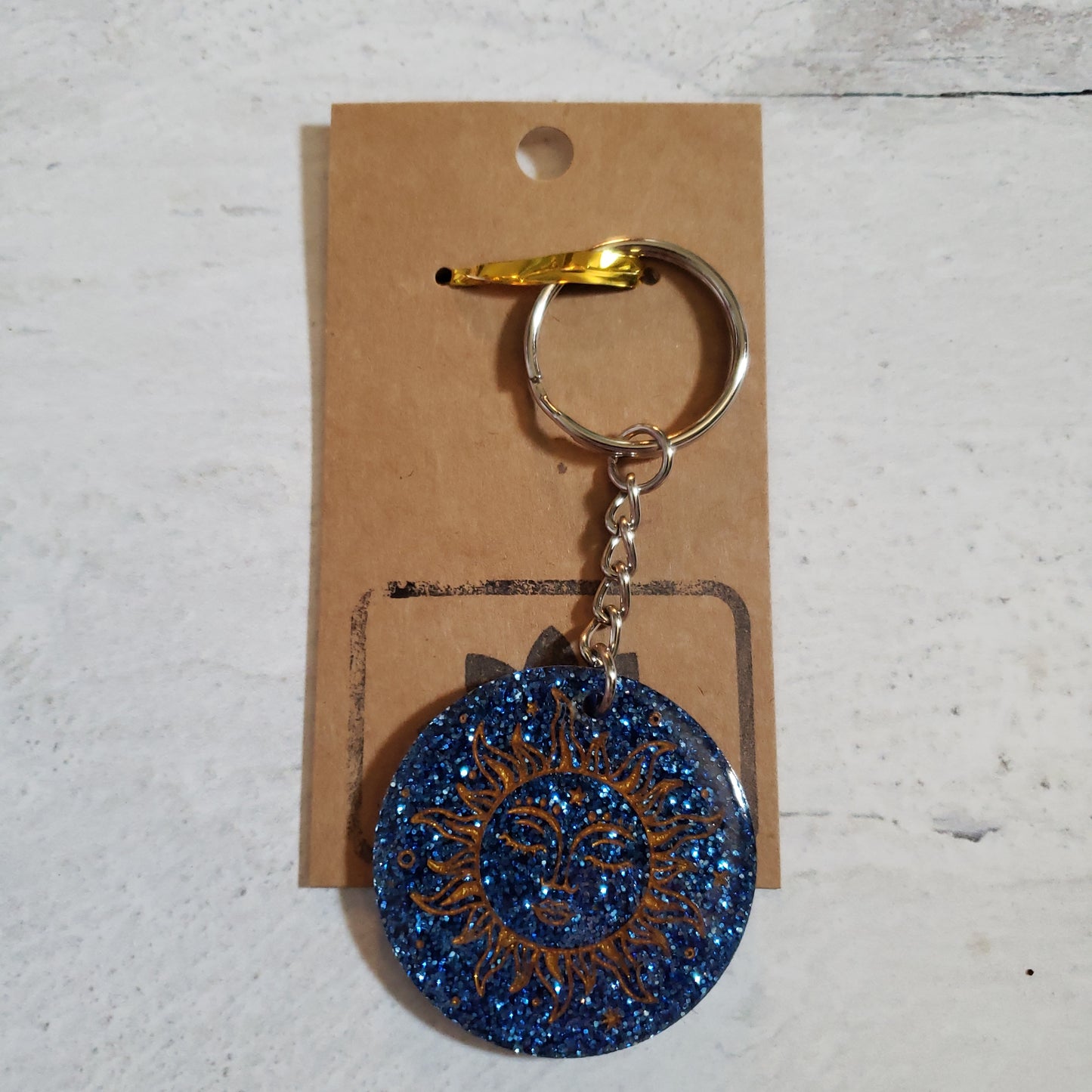 Blue Glitter Gold Fill Engraved Sun Keychain