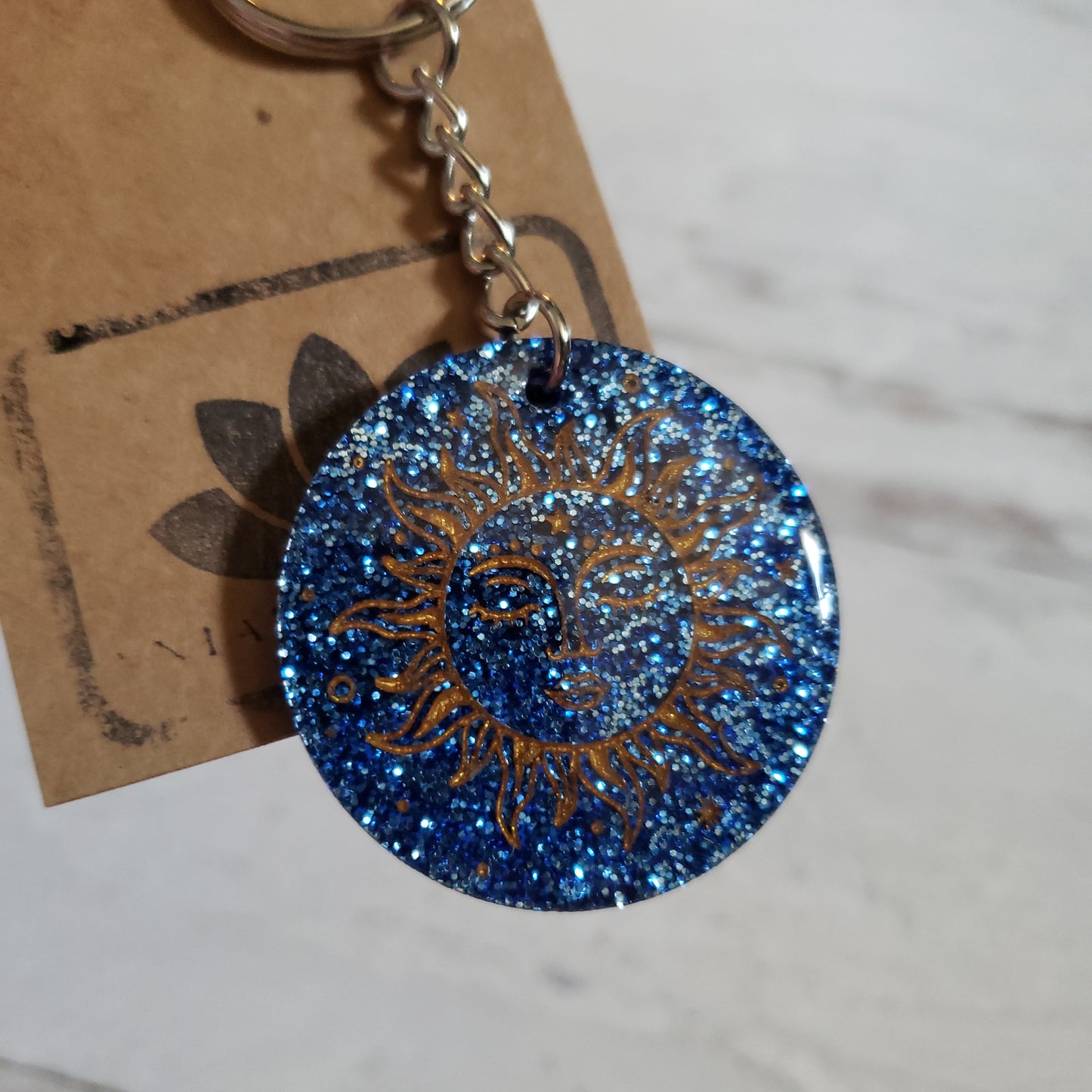 Blue Glitter Gold Fill Engraved Sun Keychain