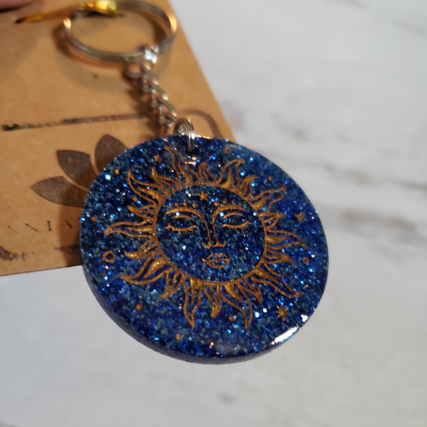Blue Glitter Gold Fill Engraved Sun Keychain