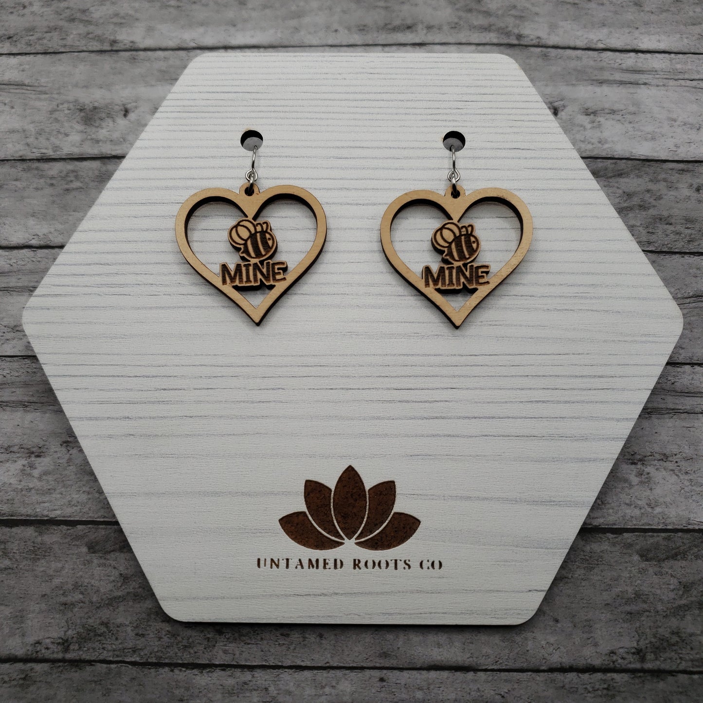 Wooden Bee Mine Heart Earrings