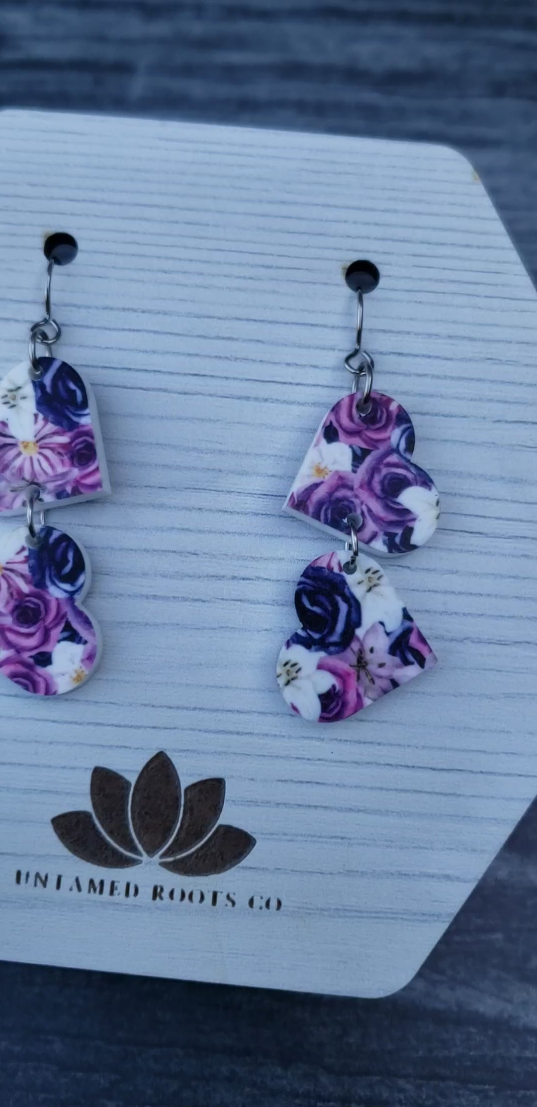 Purple Gothic Floral Tumbling Hearts Dangle Earrings (only 2 hearts)