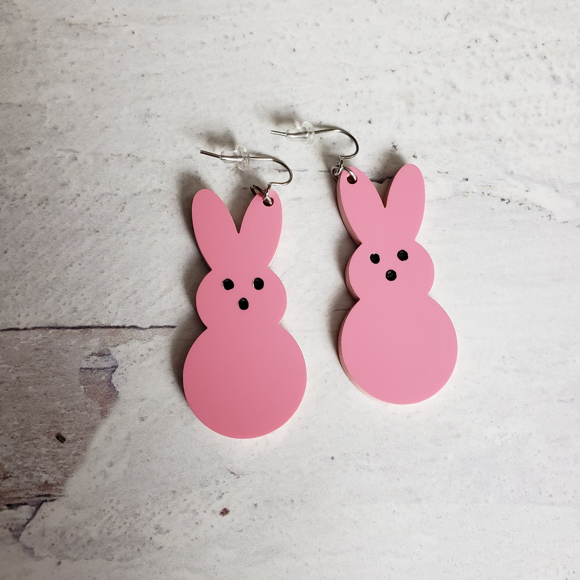 Matte Pink Marshmallow Bunny Earrings on stainless earring wires.