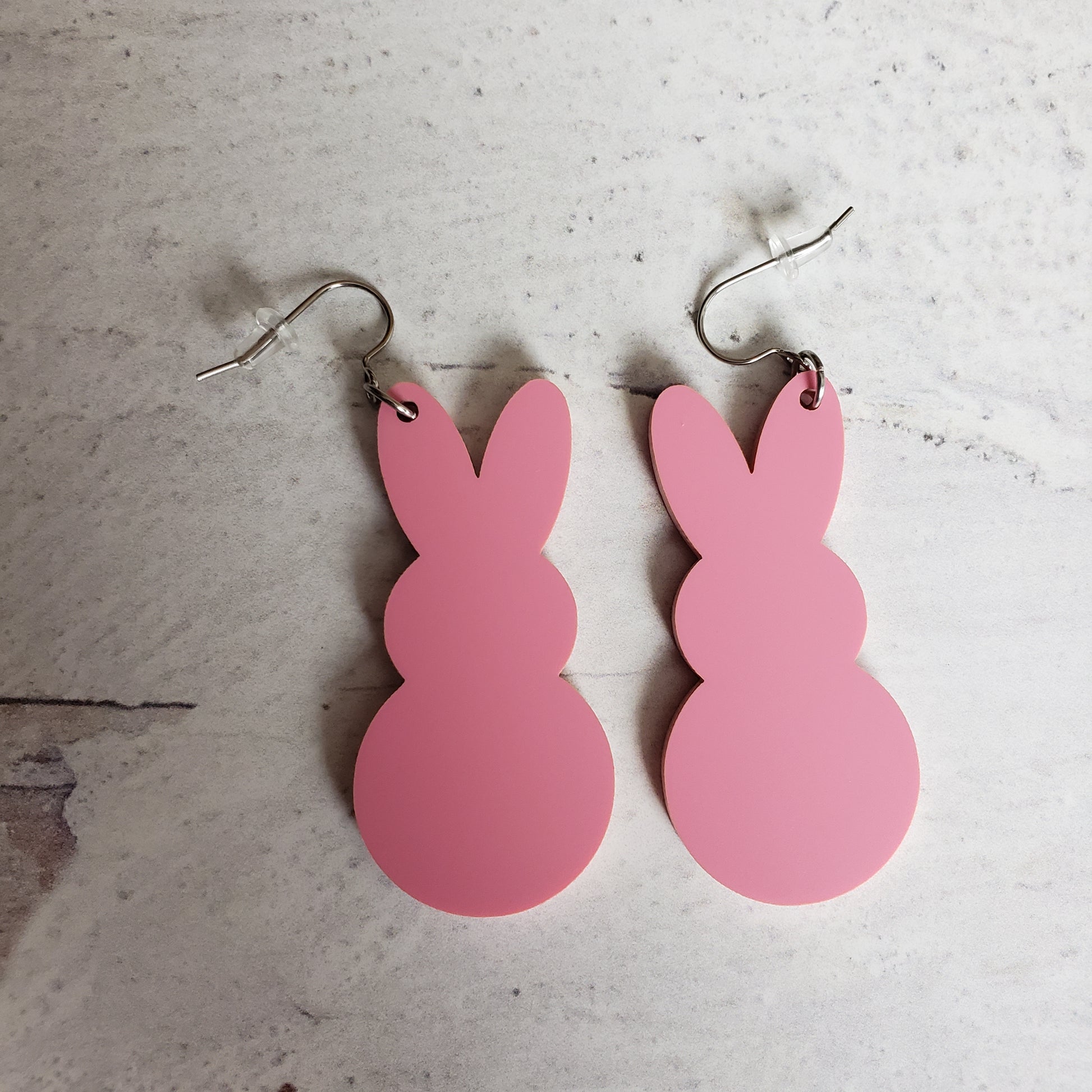 Backside of Matte Pink Marshmallow Bunny Earrings on stainless earring wires.