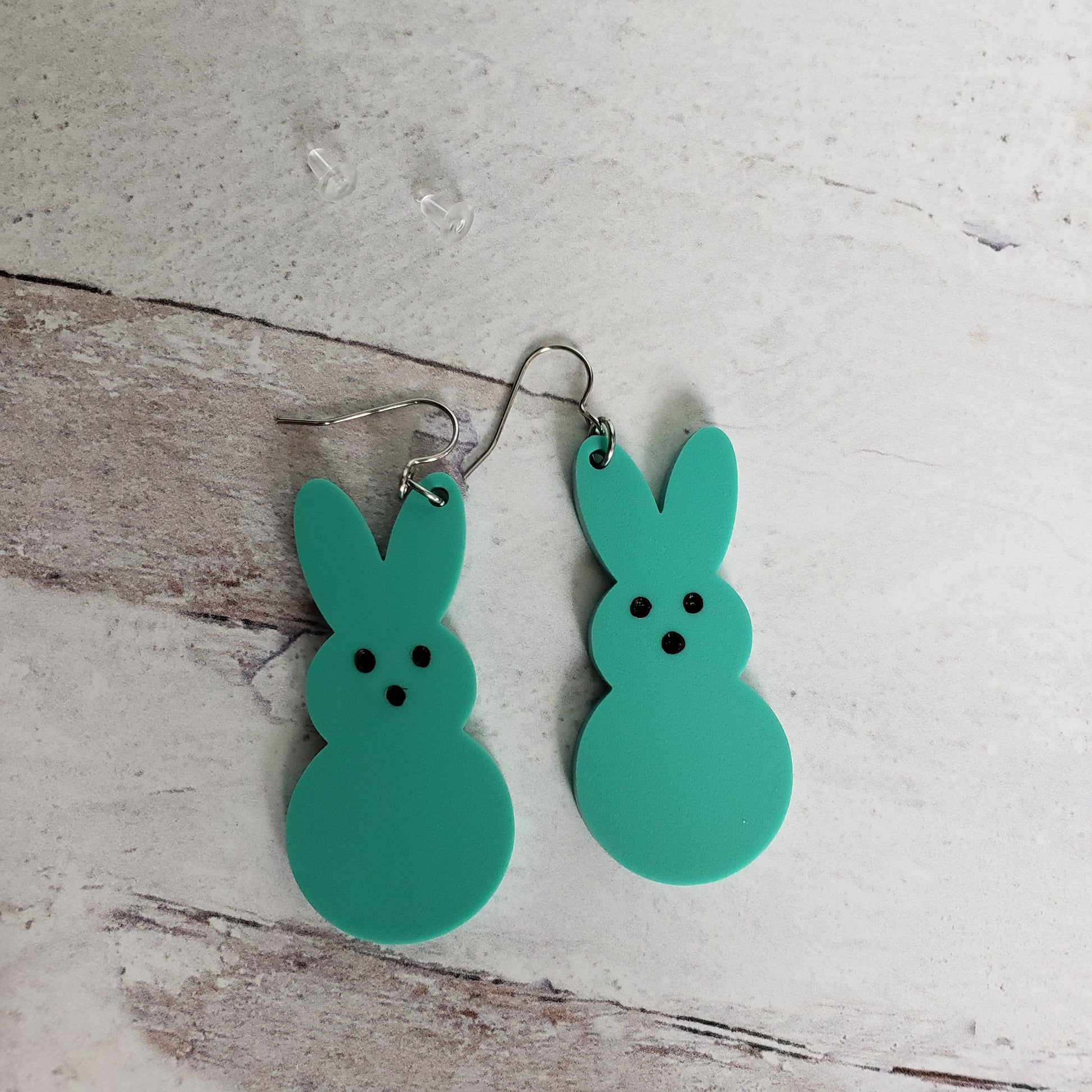 Matte Mint Green Marshmallow Bunny Earrings on stainless earring wires.