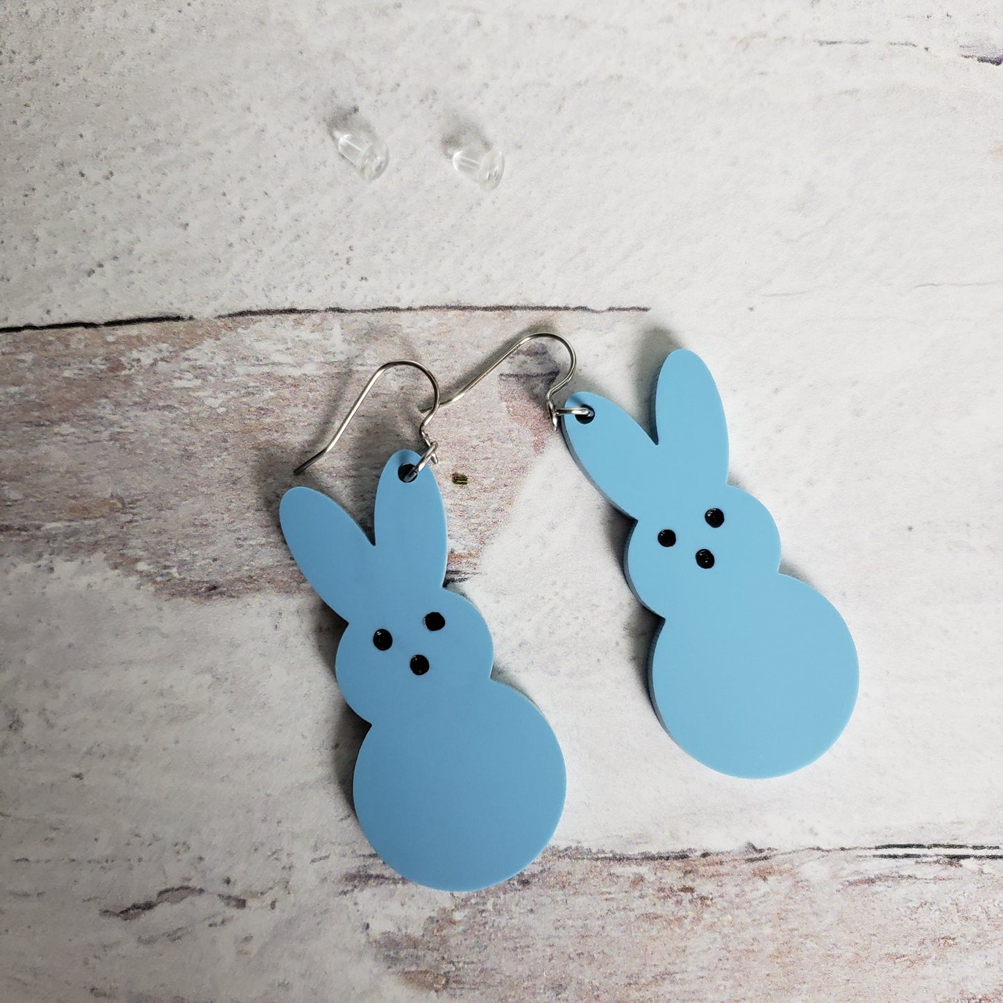 Matte pastel blue Marshmallow Bunny Earrings on stainless earring wires.