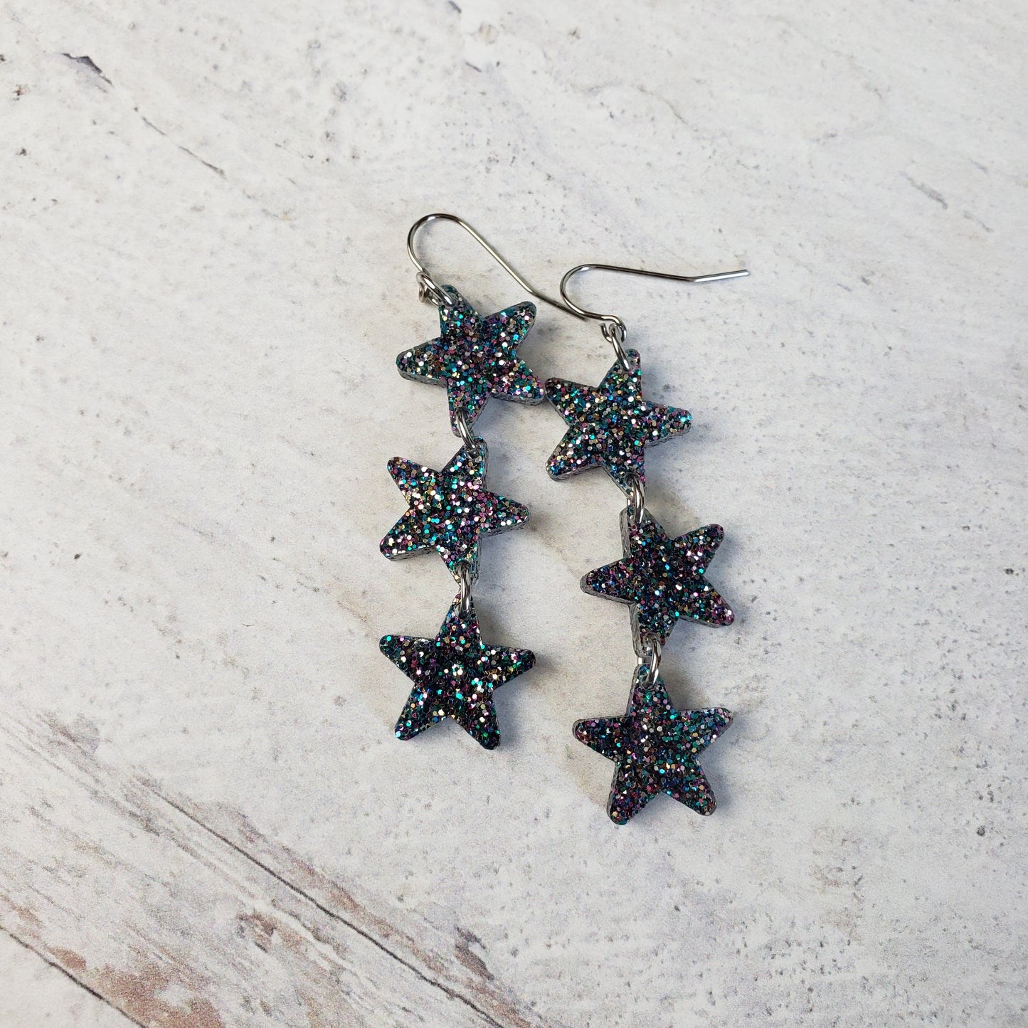 Dark gray galaxy holographic glitter dangle earrings on stainless steel earring wires