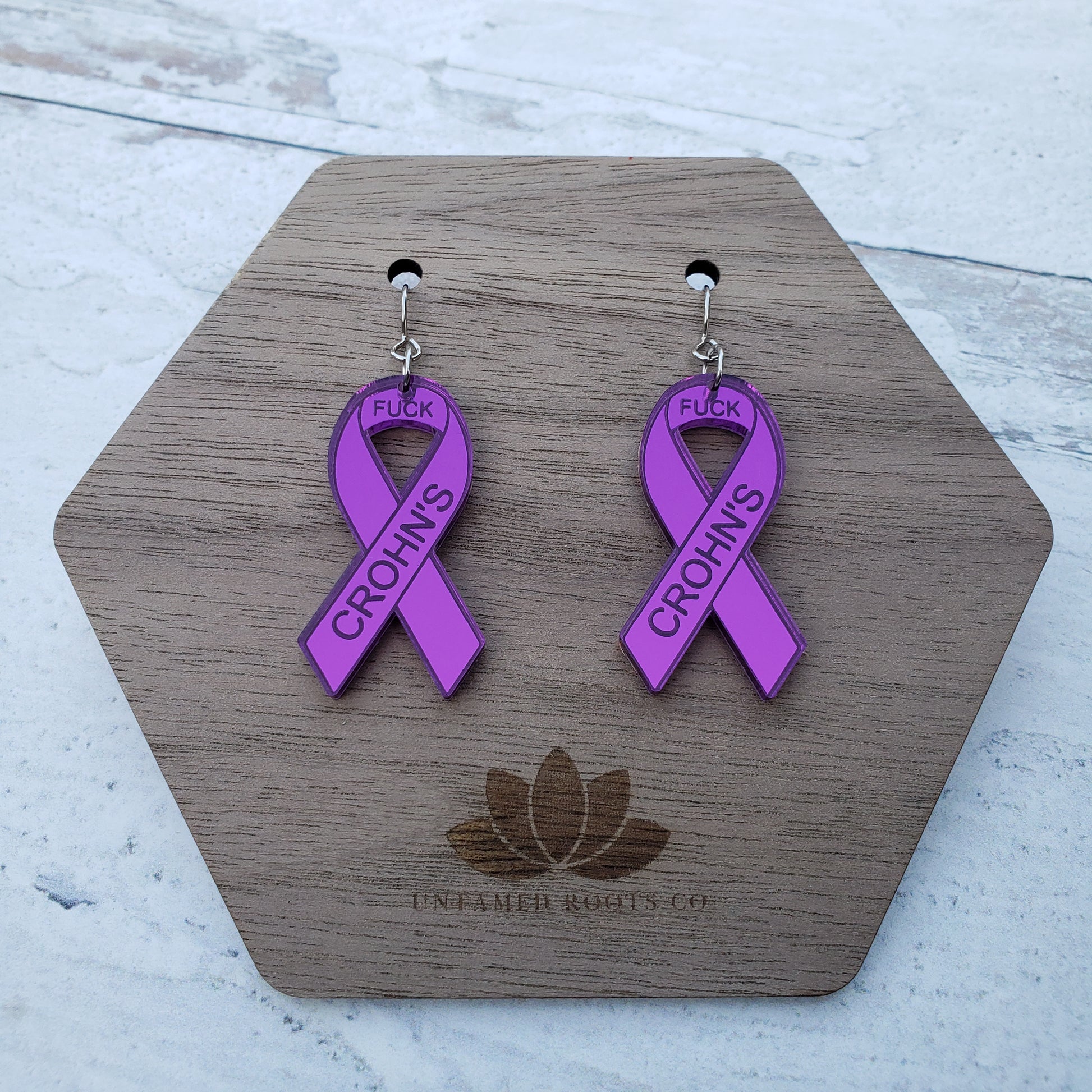 Fuck Crohn's Engraved purple mirror acrylic awareness ribbons on stainless steel earring wires.