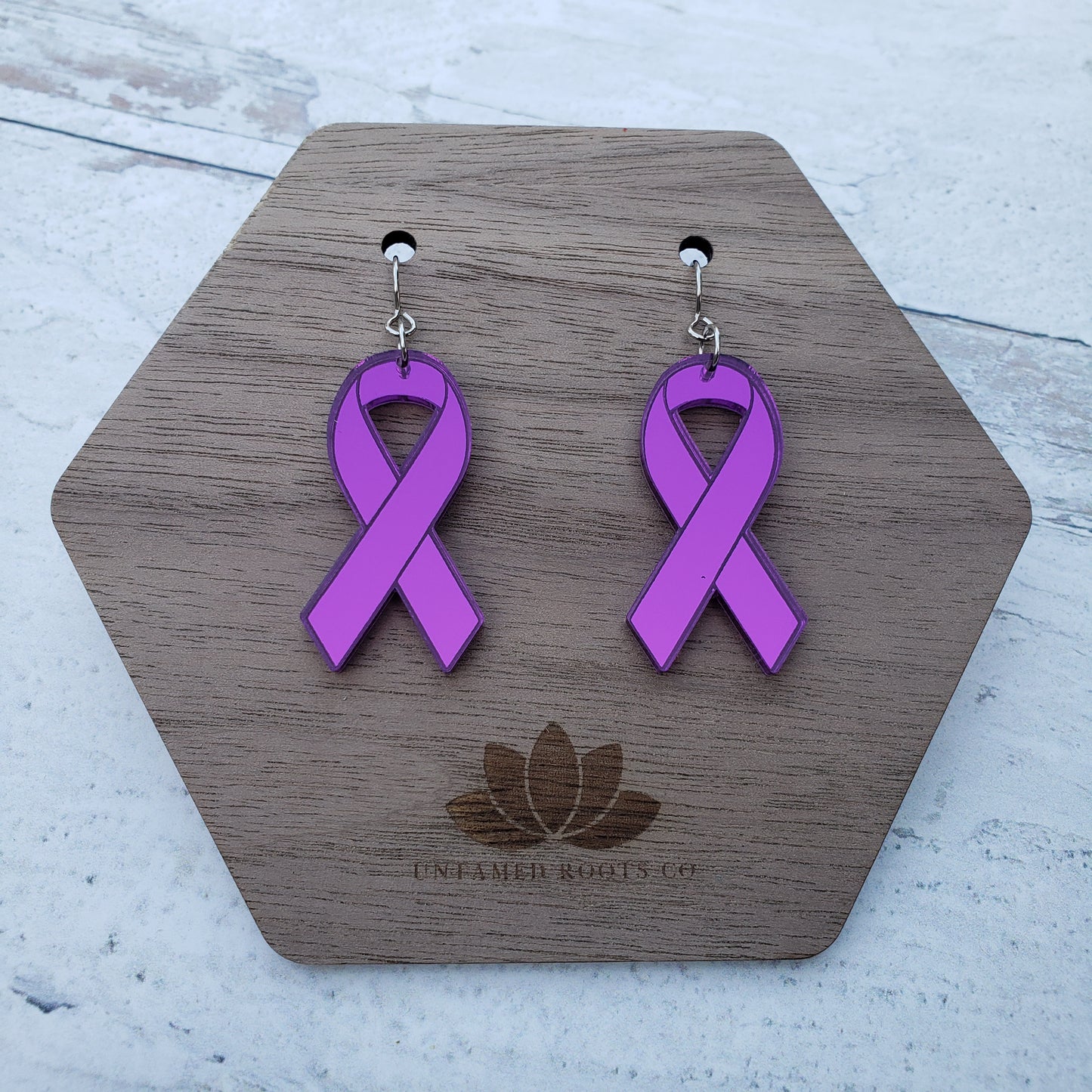 Classic purple mirror acrylic awareness ribbons on stainless steel earring wires.