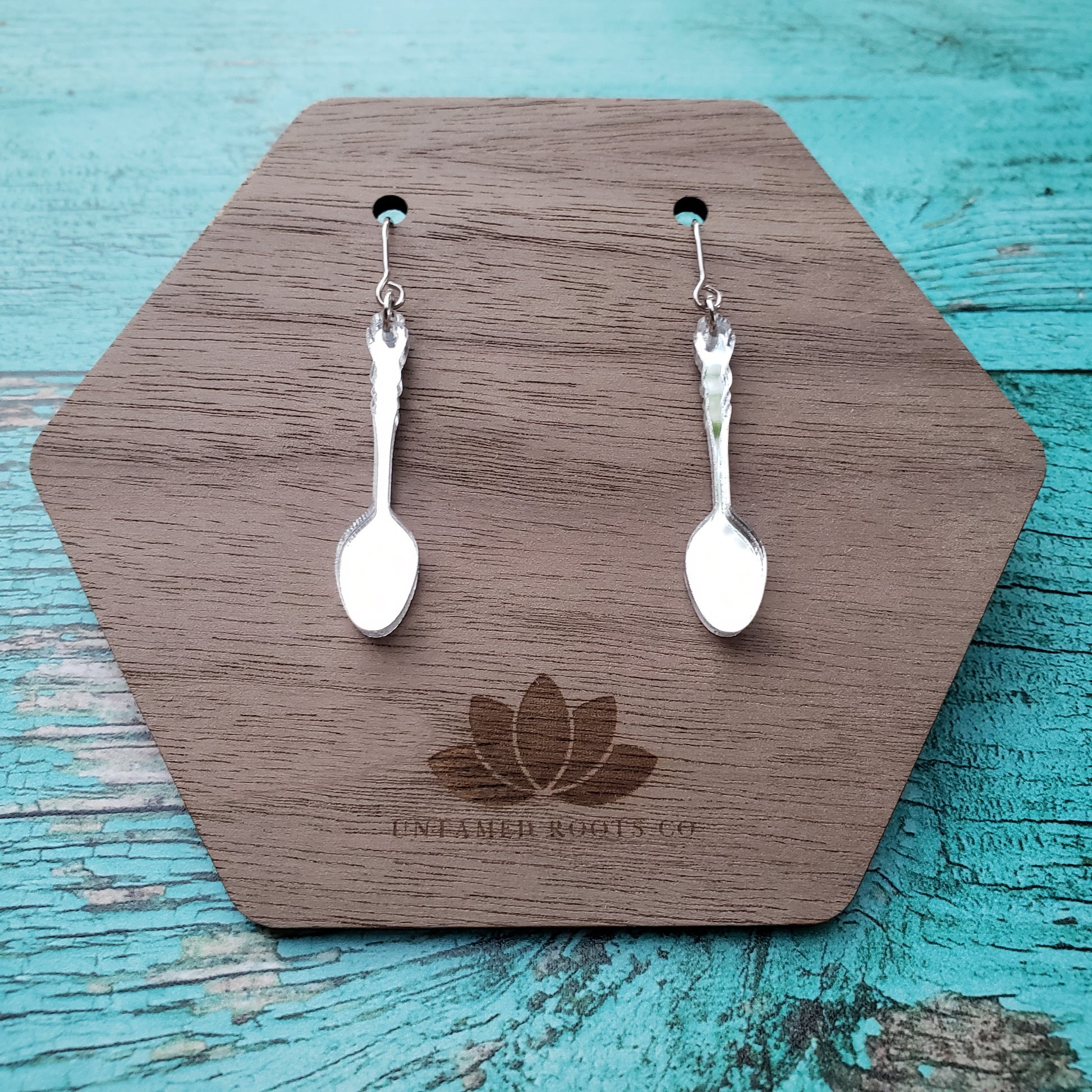 Silver mirror acrylic spoon dangle earrings on stainless steel earring wires