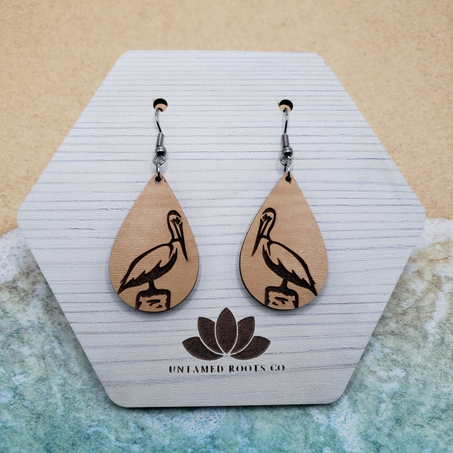 Pelican Dangle Earrings, Engraved Wood