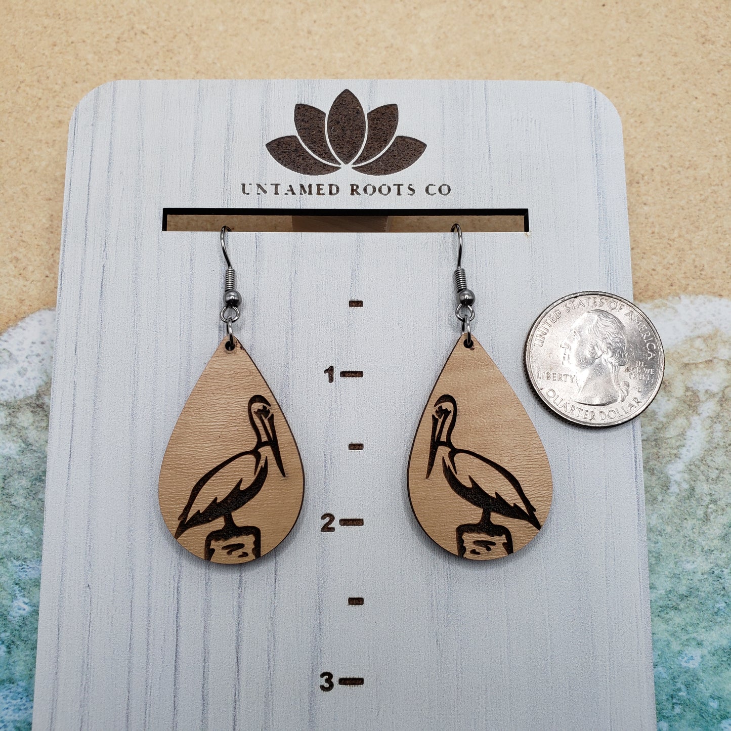Pelican Dangle Earrings, Engraved Wood