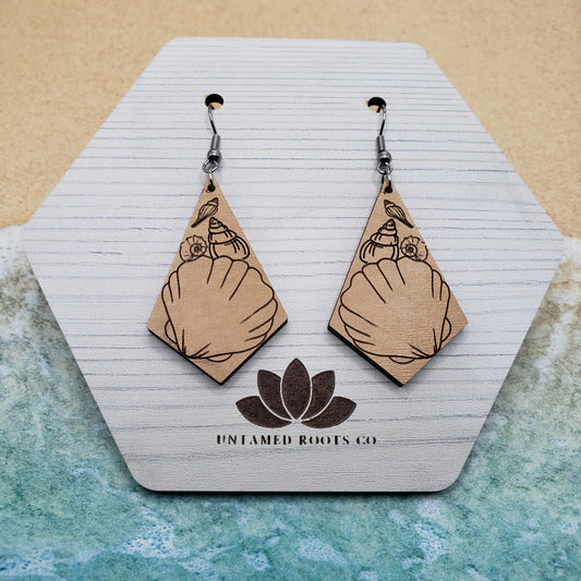 Seashell Dangle Earrings, Engraved Wood