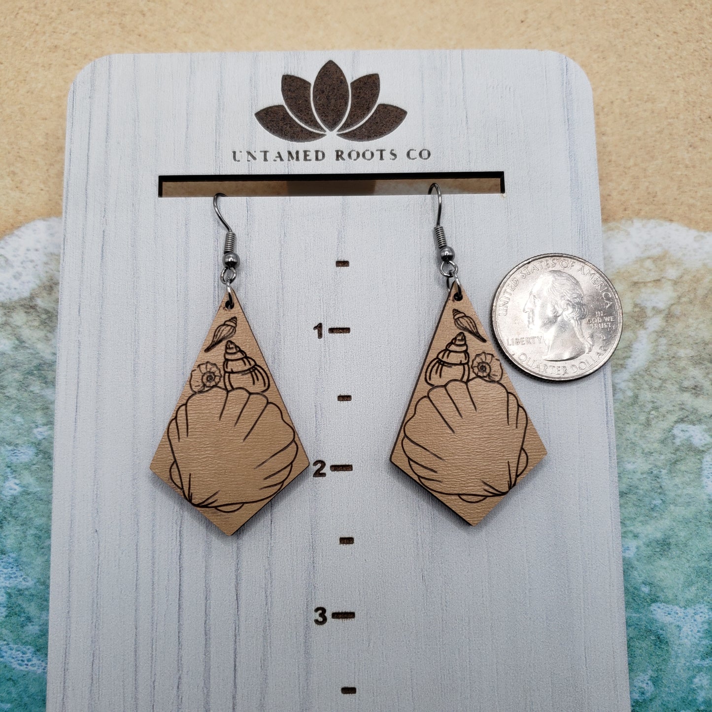 Seashell Dangle Earrings, Engraved Wood