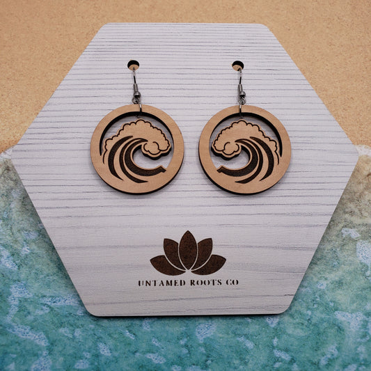 Wave Dangle Earrings, Engraved Wood