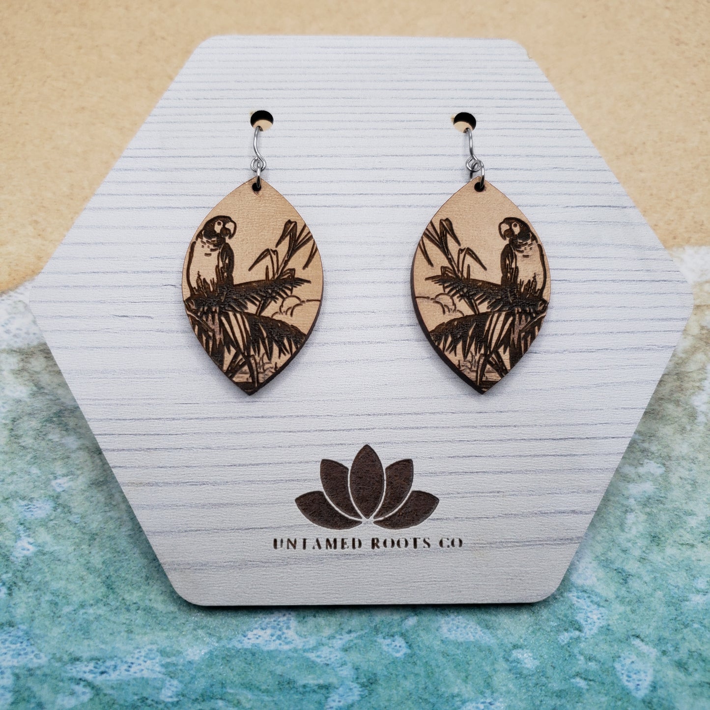 Parrot Dangle Earrings, Engraved Wood