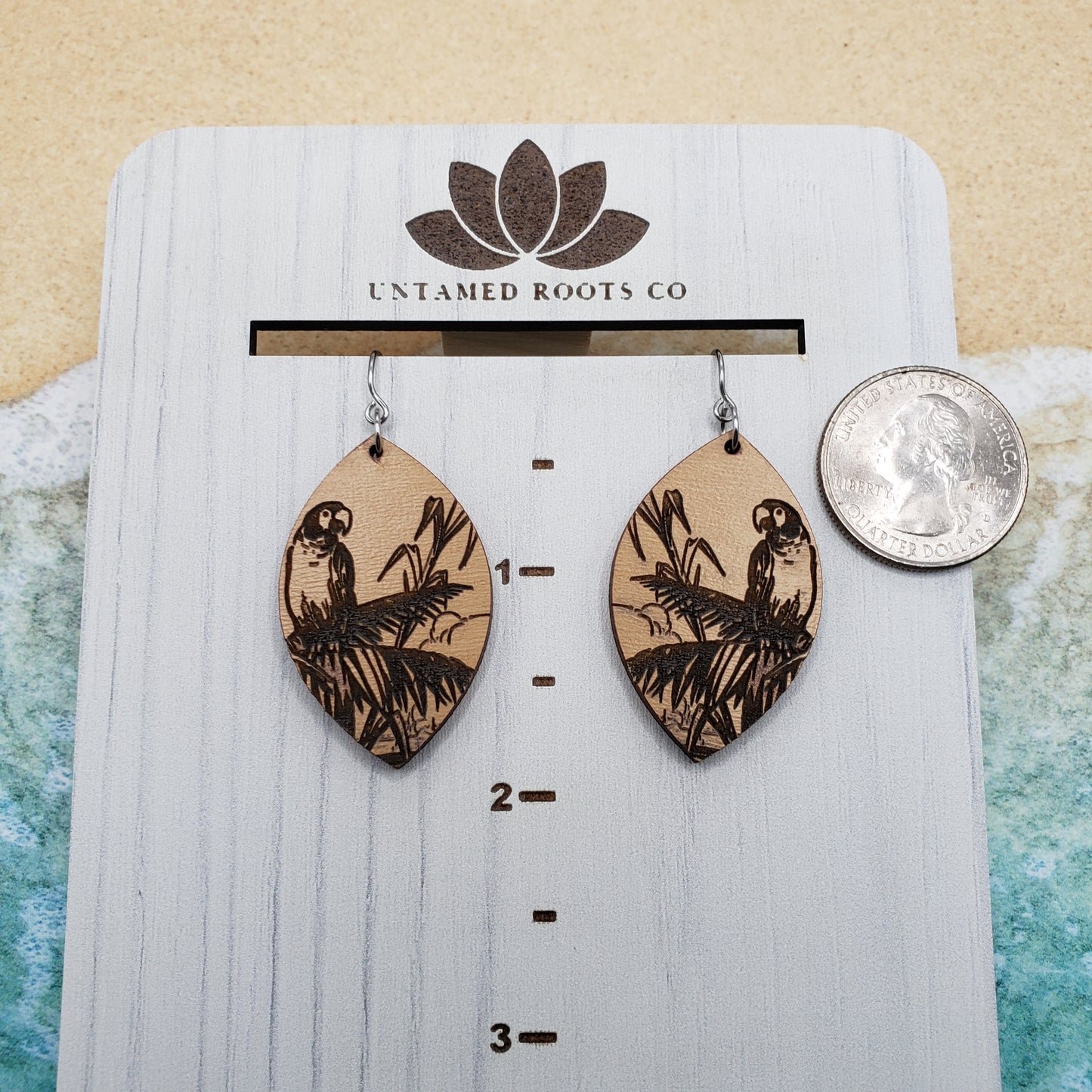 Parrot Dangle Earrings, Engraved Wood