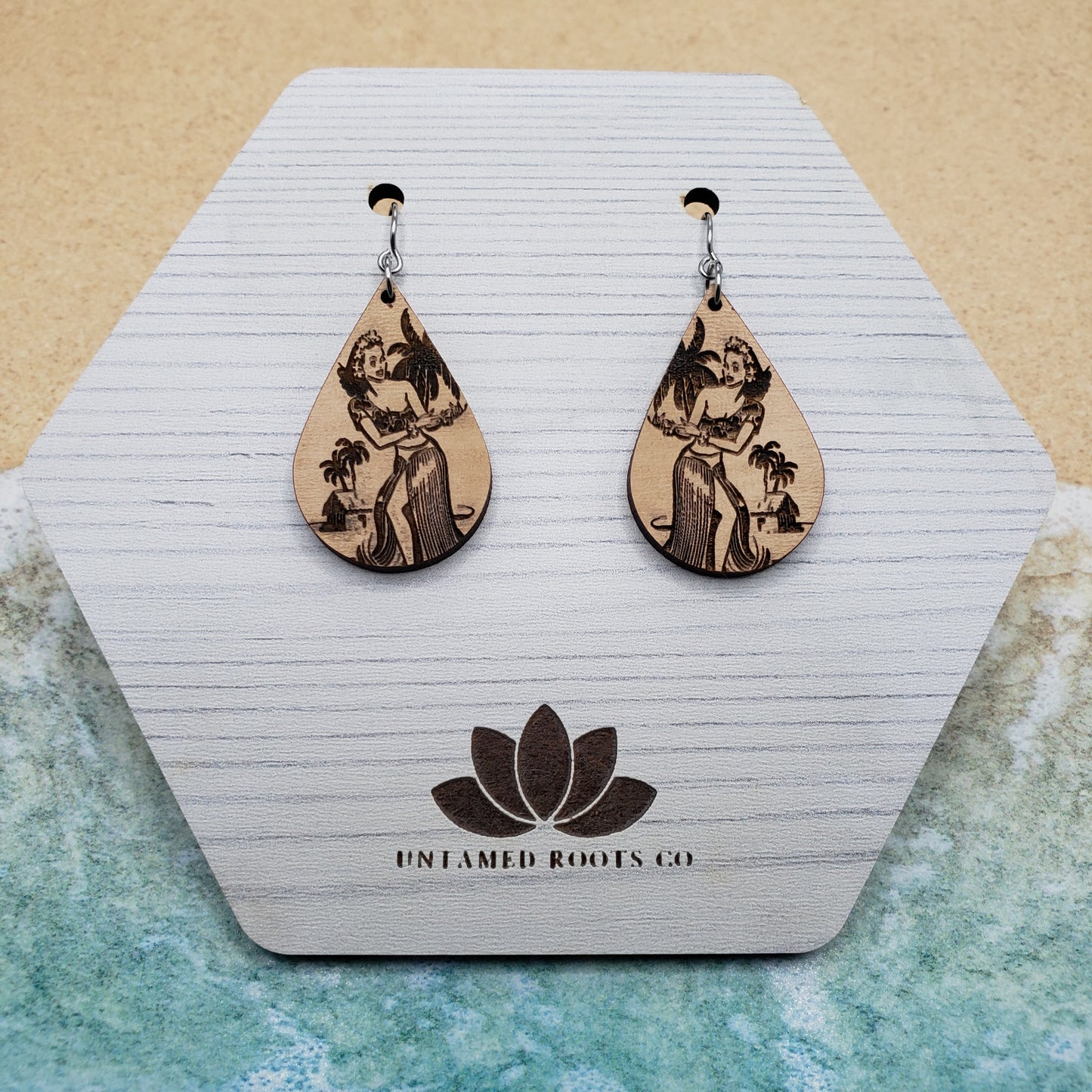 Vintage Hula Girl Dangle Earrings, Engraved Wood