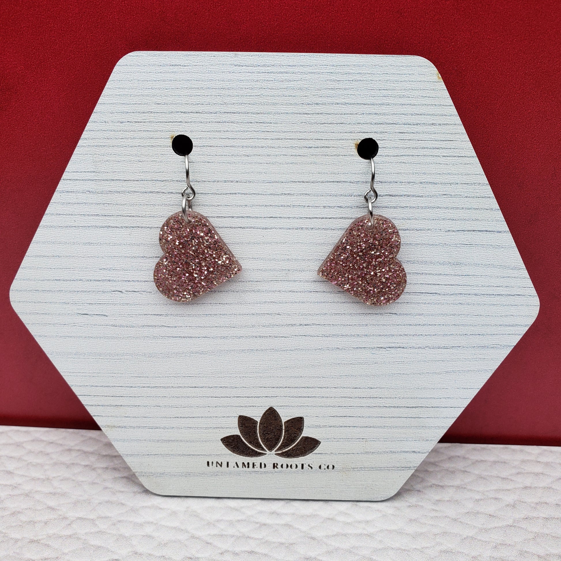 Rose Gold Glitter Heart Shaped Dangle Earrings with Stainless Steel Hooks