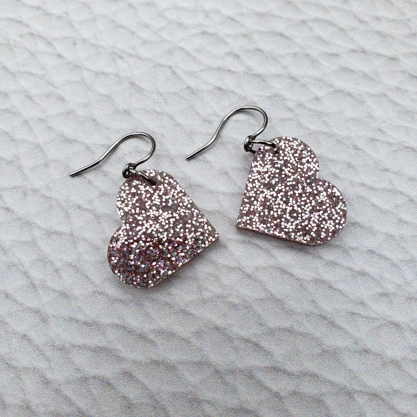 Rose Gold Glitter Heart Shaped Dangle Earrings with Stainless Steel Hooks