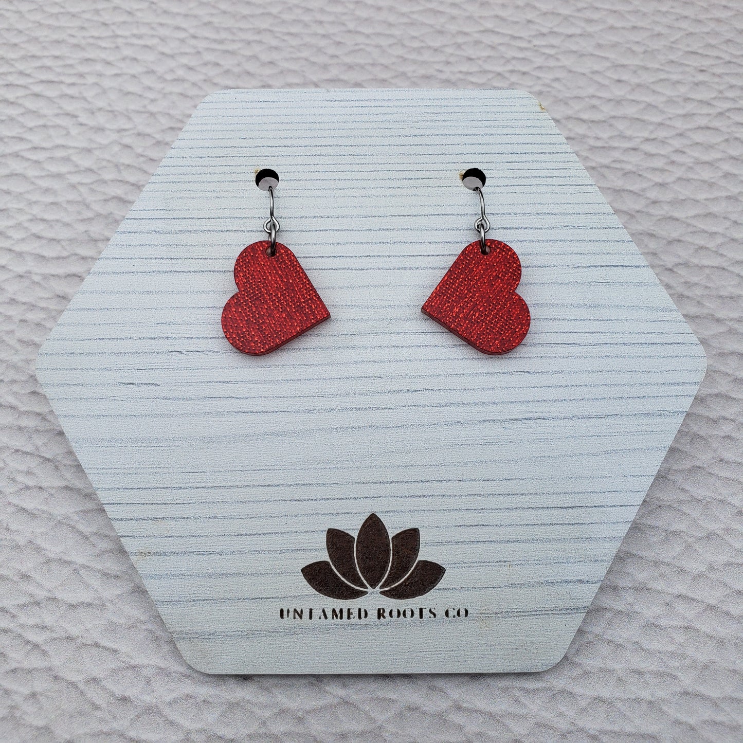 Red Shimmer Heart Shaped Dangle Earrings with Stainless Steel Hooks