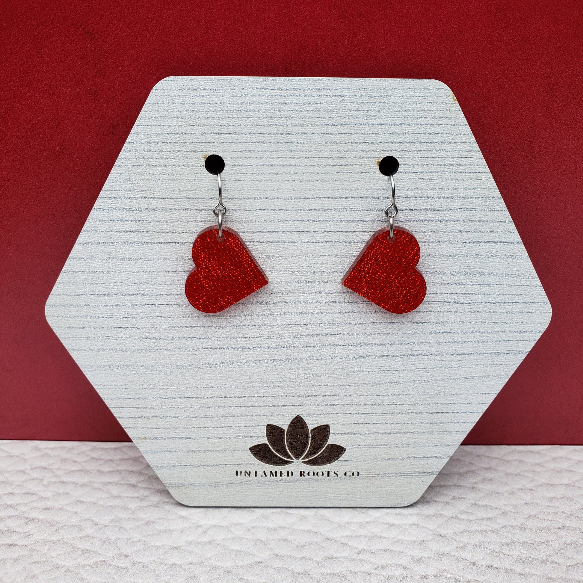 Red Shimmer Heart Shaped Dangle Earrings with Stainless Steel Hooks