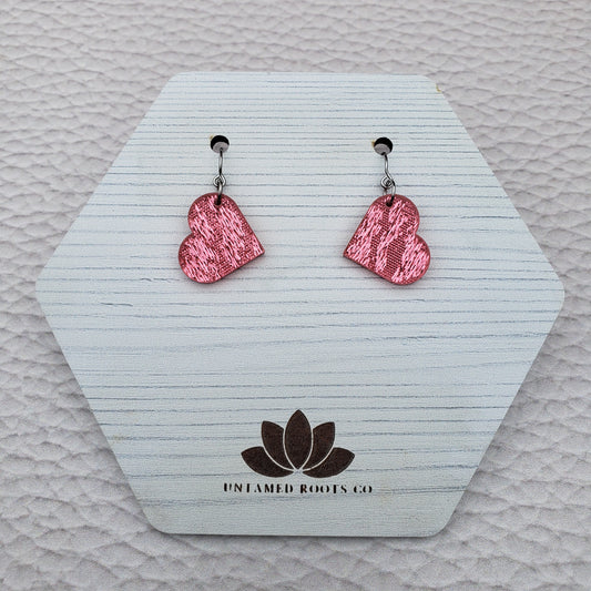 Pink Shimmer Heart Shaped Dangle Earrings with Stainless Steel Hooks