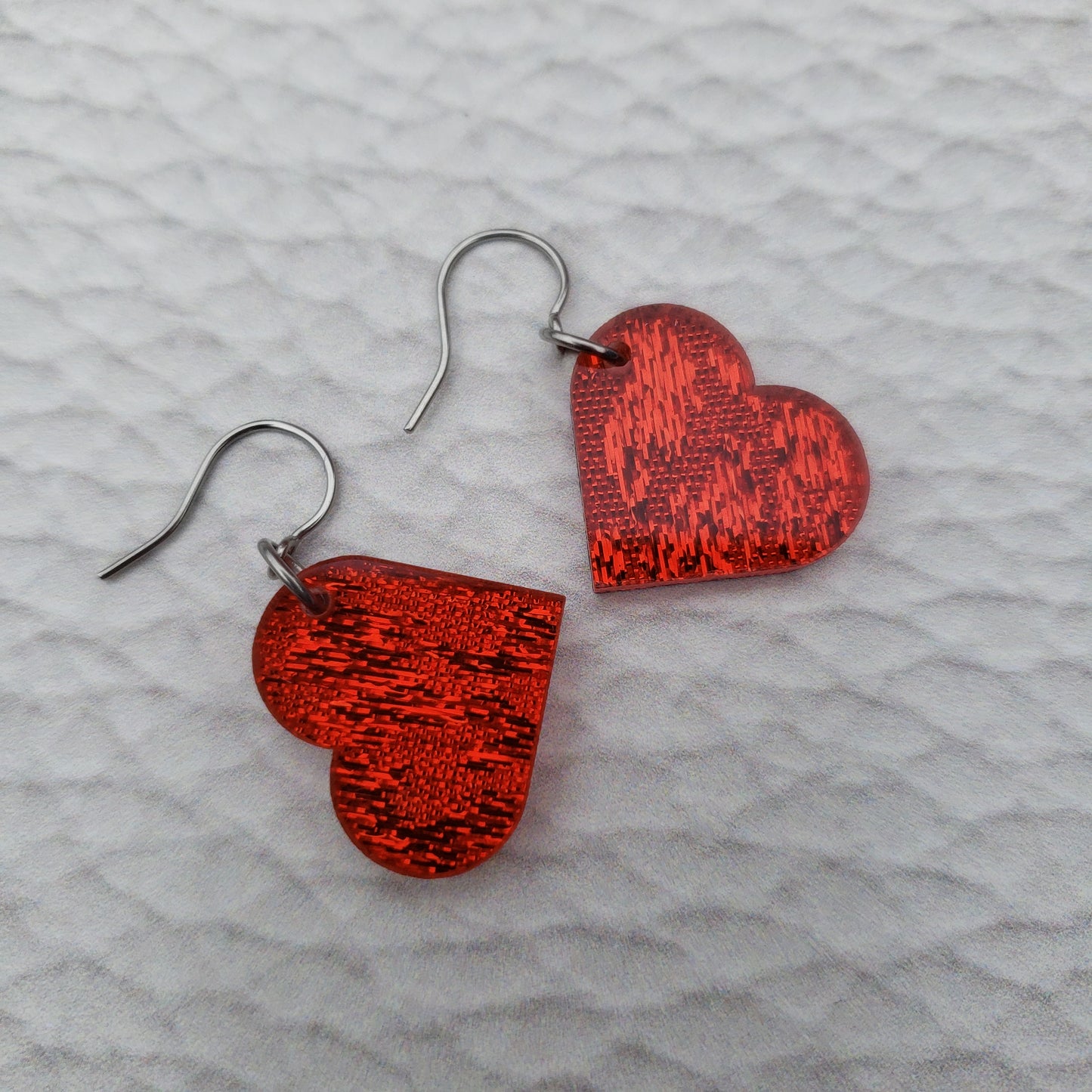 Red Shimmer Heart Shaped Dangle Earrings with Stainless Steel Hooks