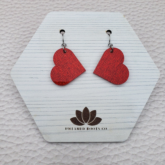 Red Shimmer Heart Shaped Dangle Earrings with Stainless Steel Hooks