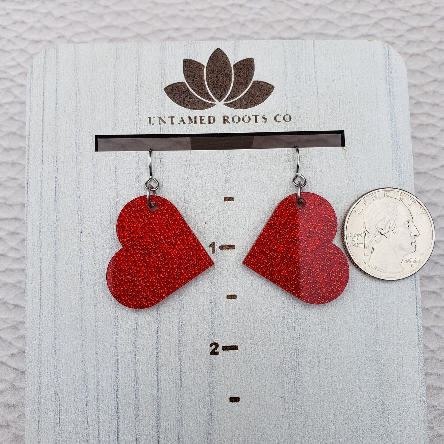 Red Shimmer Heart Shaped Dangle Earrings with Stainless Steel Hooks