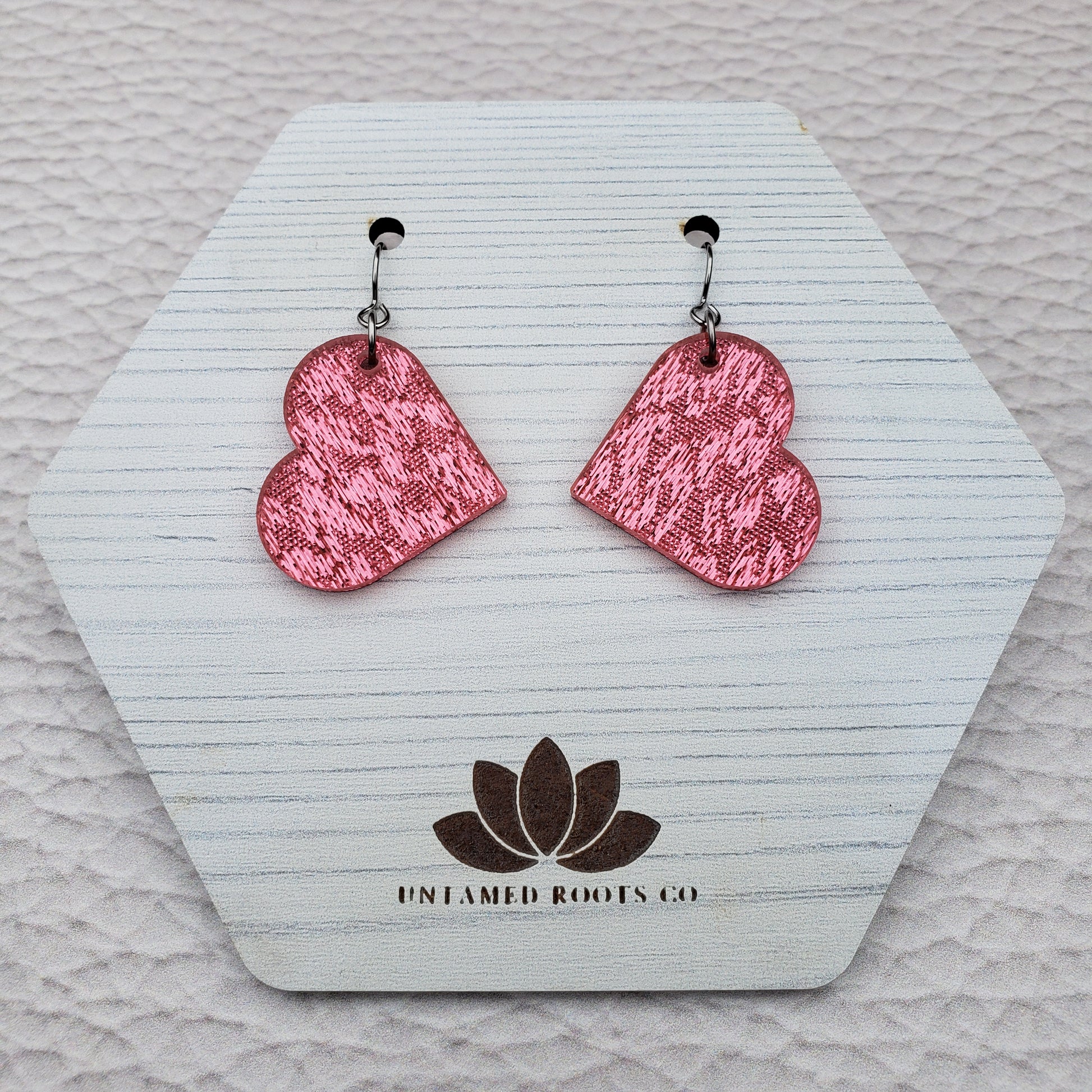 Pink Shimmer Heart Shaped Dangle Earrings with Stainless Steel Hooks