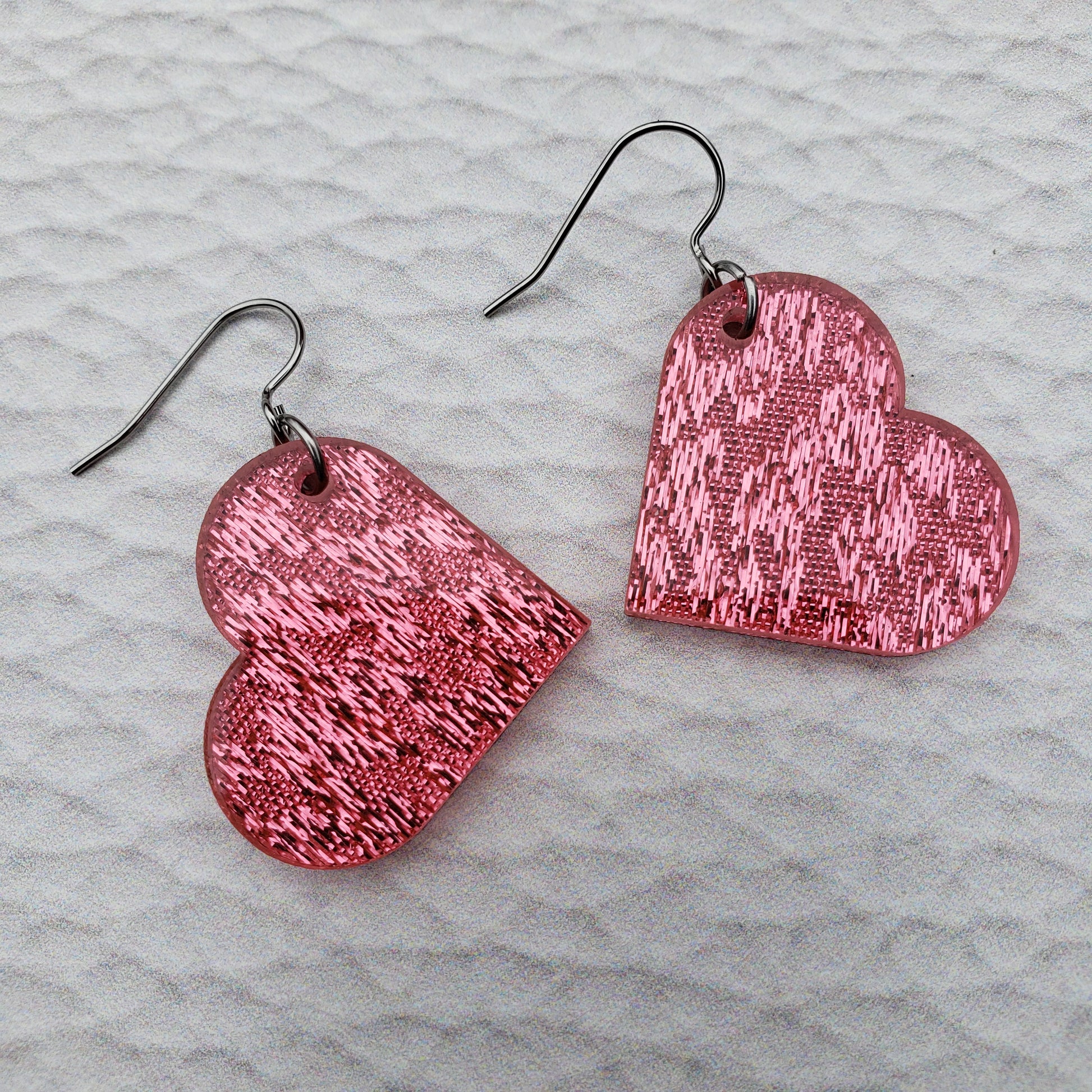 Pink Shimmer Heart Shaped Dangle Earrings with Stainless Steel Hooks