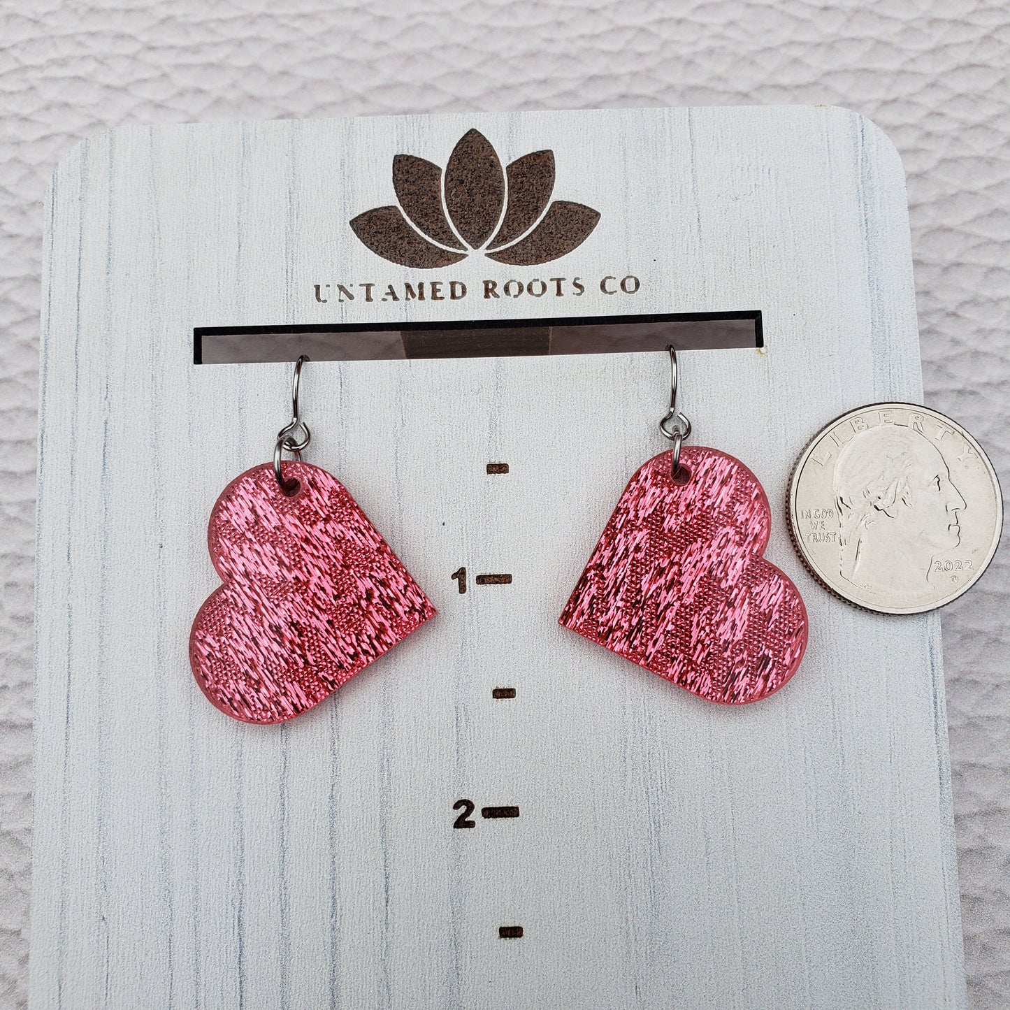 Pink Shimmer Heart Shaped Dangle Earrings with Stainless Steel Hooks