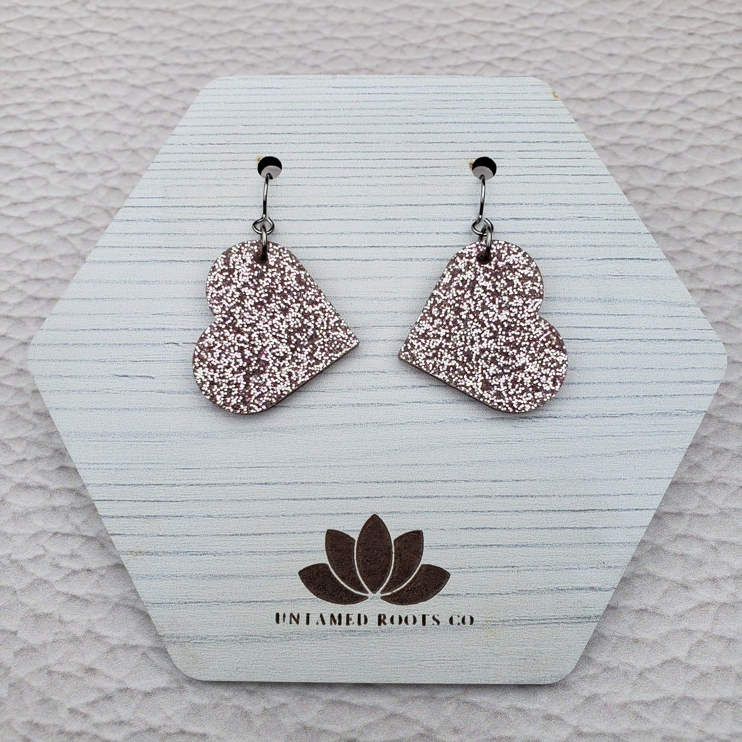 Rose Gold Glitter Heart Shaped Dangle Earrings with Stainless Steel Hooks