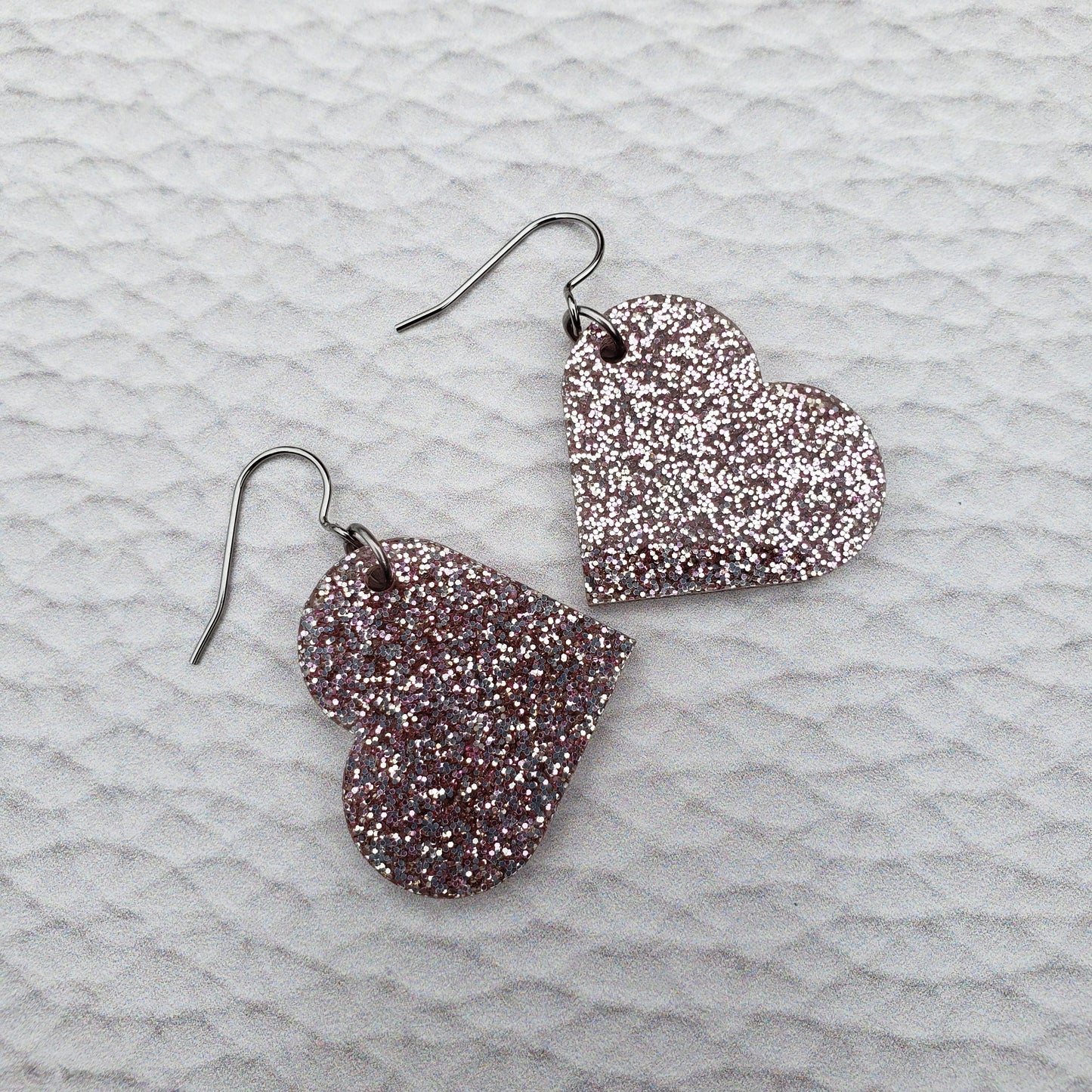 Rose Gold Glitter Heart Shaped Dangle Earrings with Stainless Steel Hooks