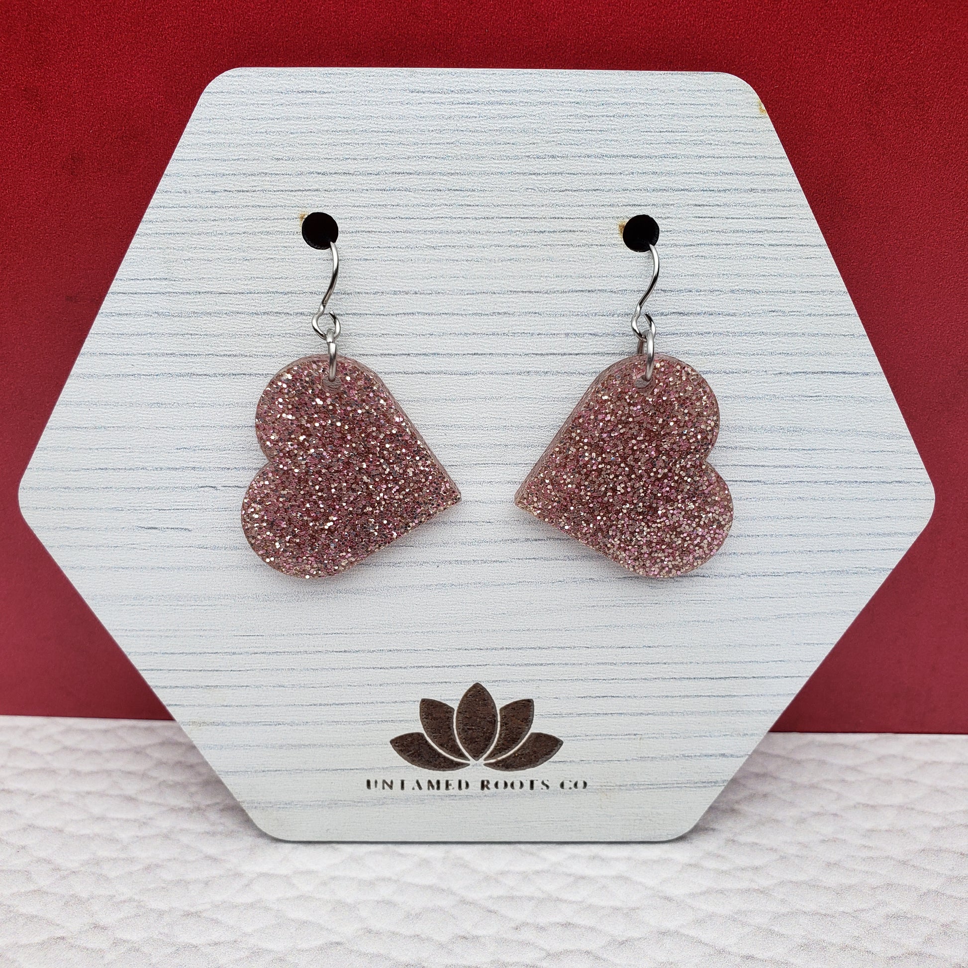 Rose Gold Glitter Heart Shaped Dangle Earrings with Stainless Steel Hooks