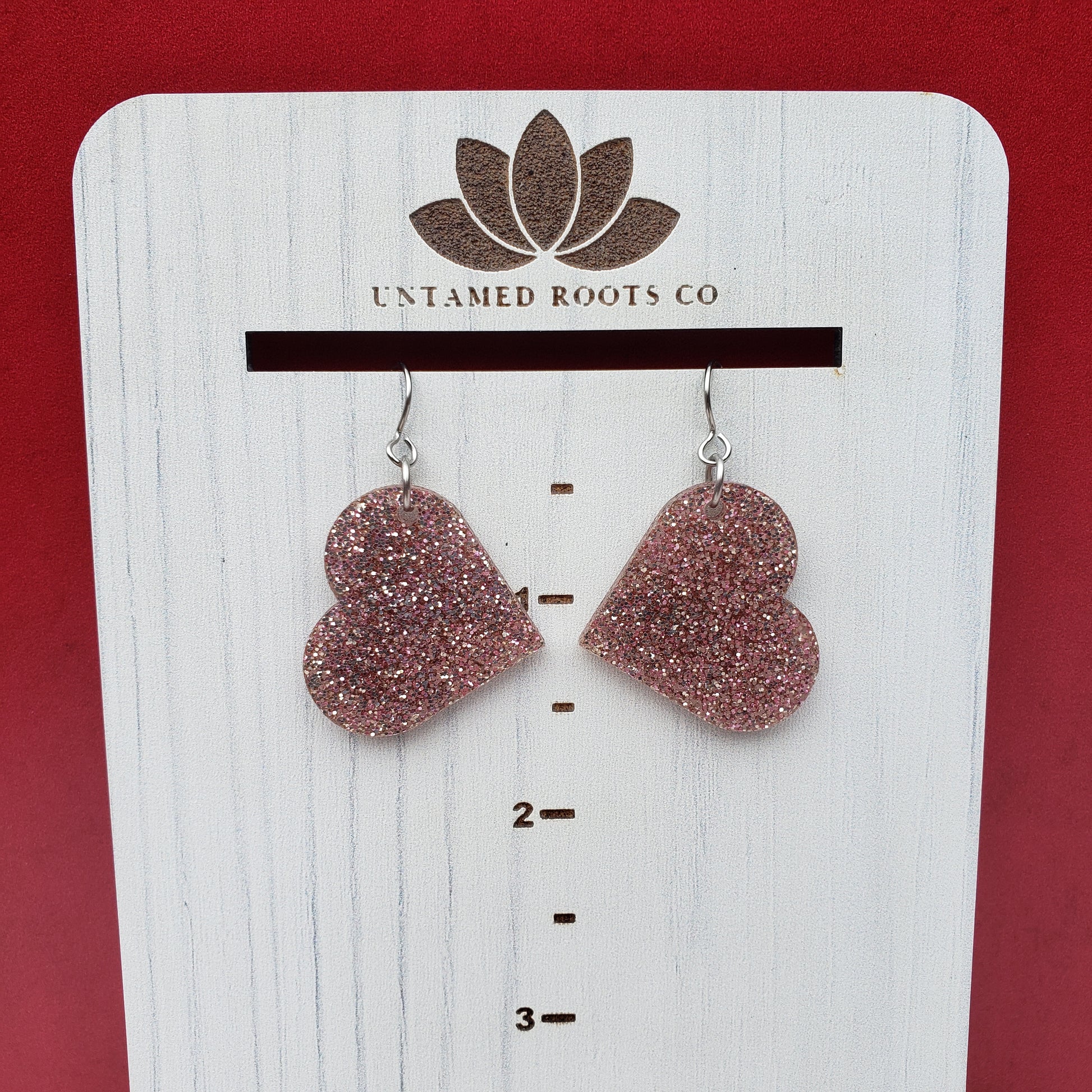 Rose Gold Glitter Heart Shaped Dangle Earrings with Stainless Steel Hooks